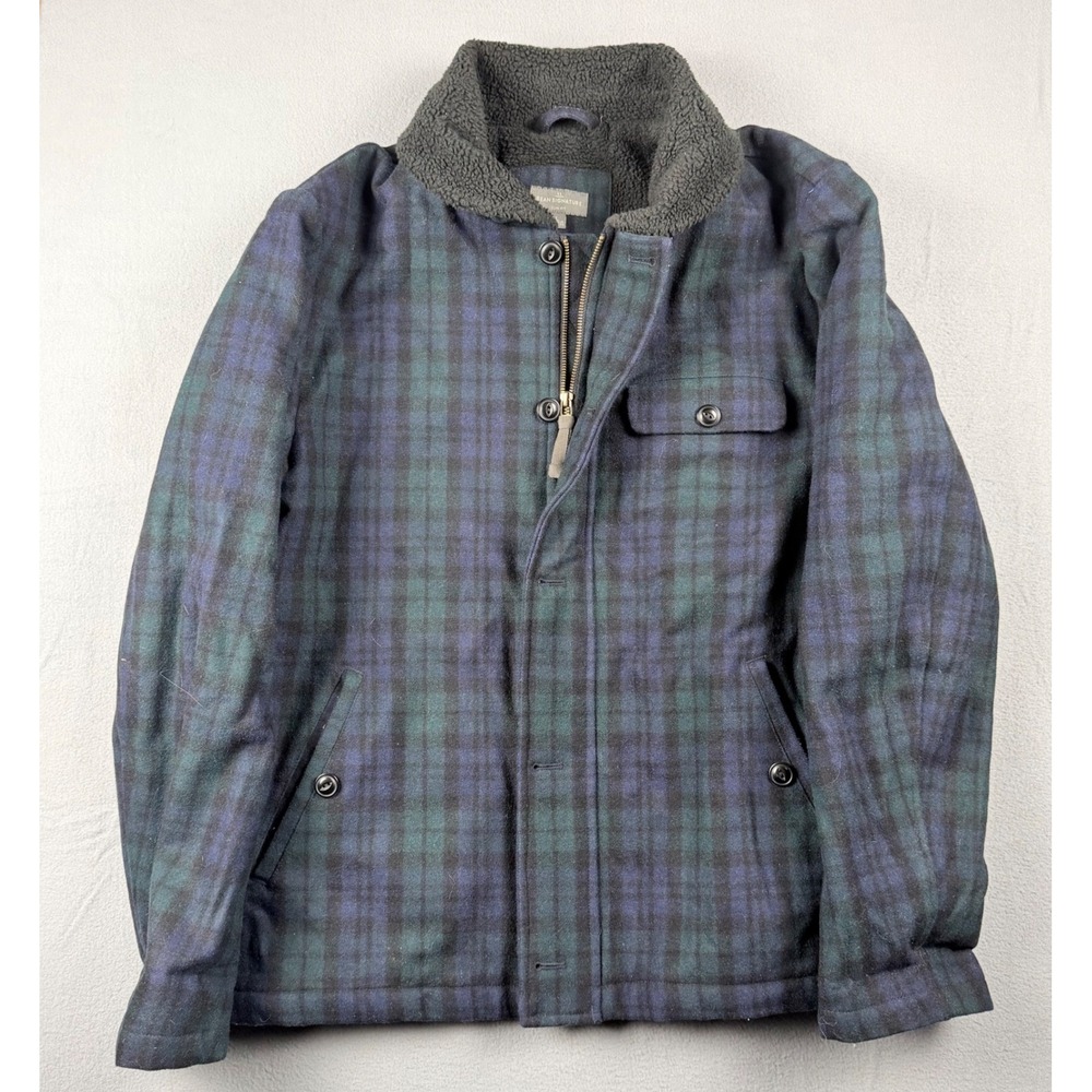 LL Bean Signature Mens Wool Blend Plaid Jacket Black Watch Tartan Fleece Lined L